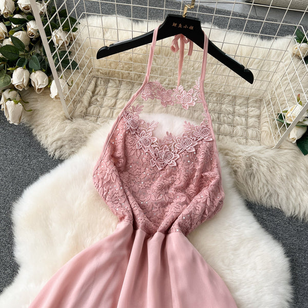 Embroidered Backless Split Halter Dress