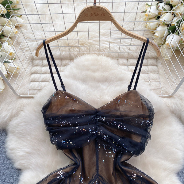 French Style Sequined Slip Mesh Dress
