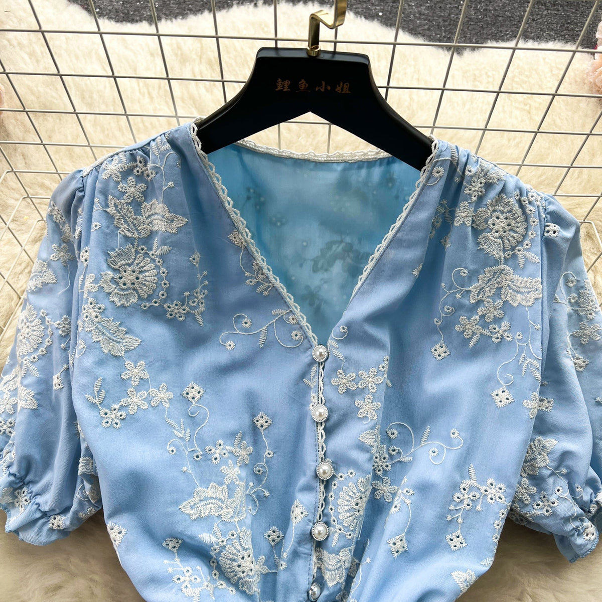 V-neck Floral Embroidered Blue Dress