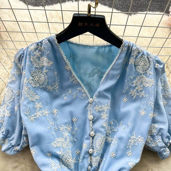 V-neck Floral Embroidered Blue Dress