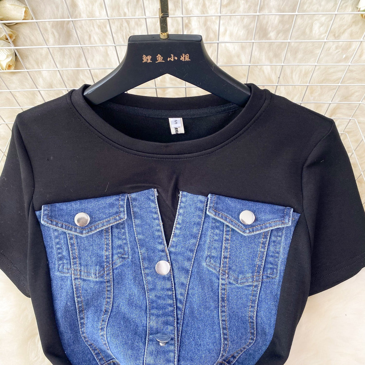 Round Collar Denim Patchwork Midi Dress