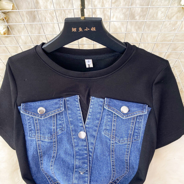 Round Collar Denim Patchwork Midi Dress