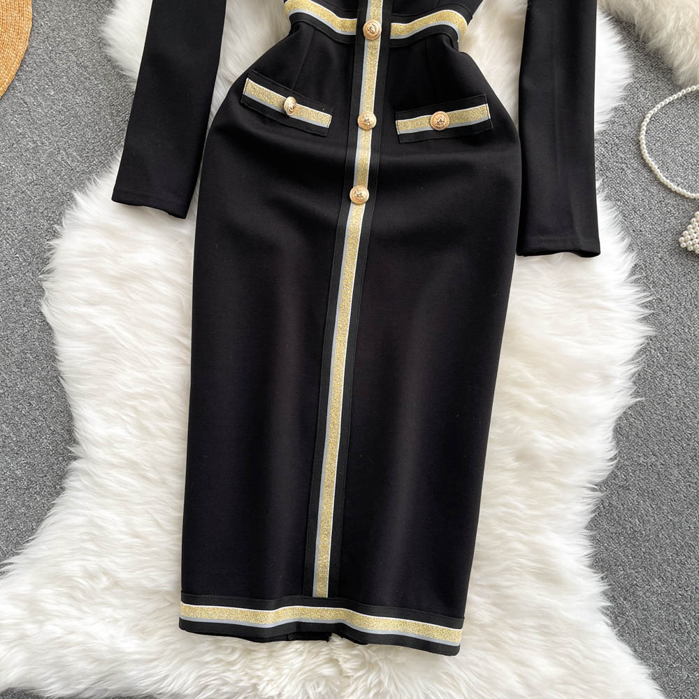 High-end Single-breasted Black Dress