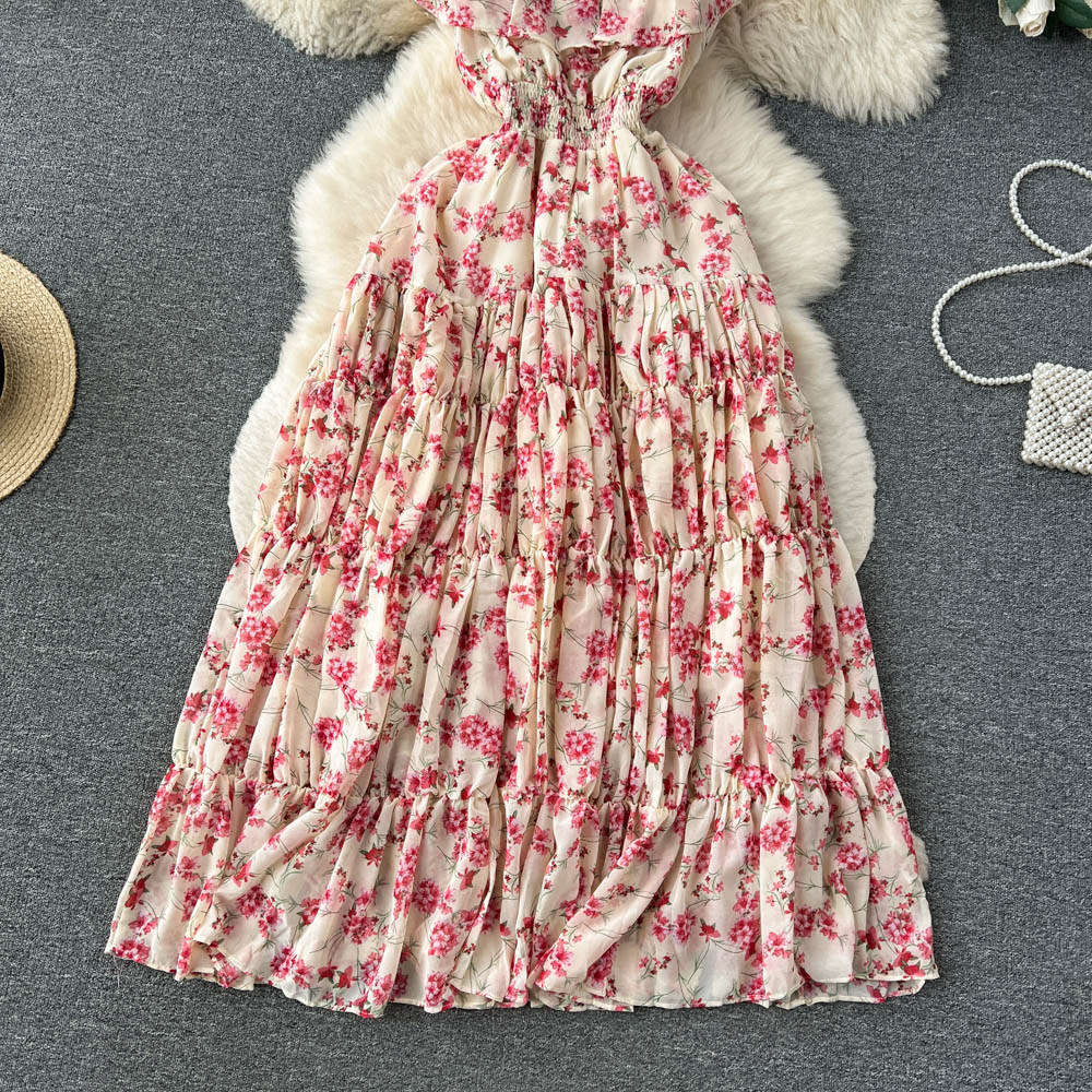 French Style Pleated Floral Dress