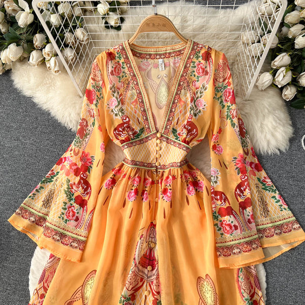 Deep V-neck Floral Printed Maxi Dress