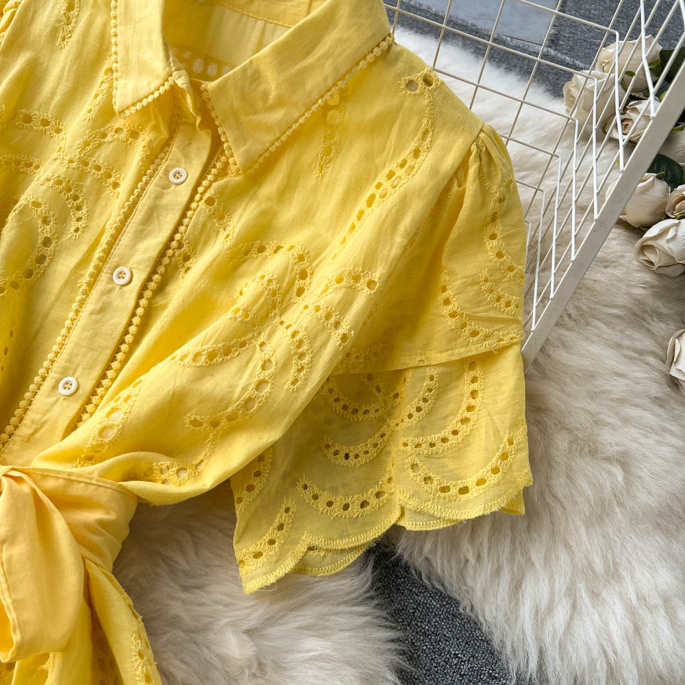 Lapeled Puff Sleeve Hollowed Dress