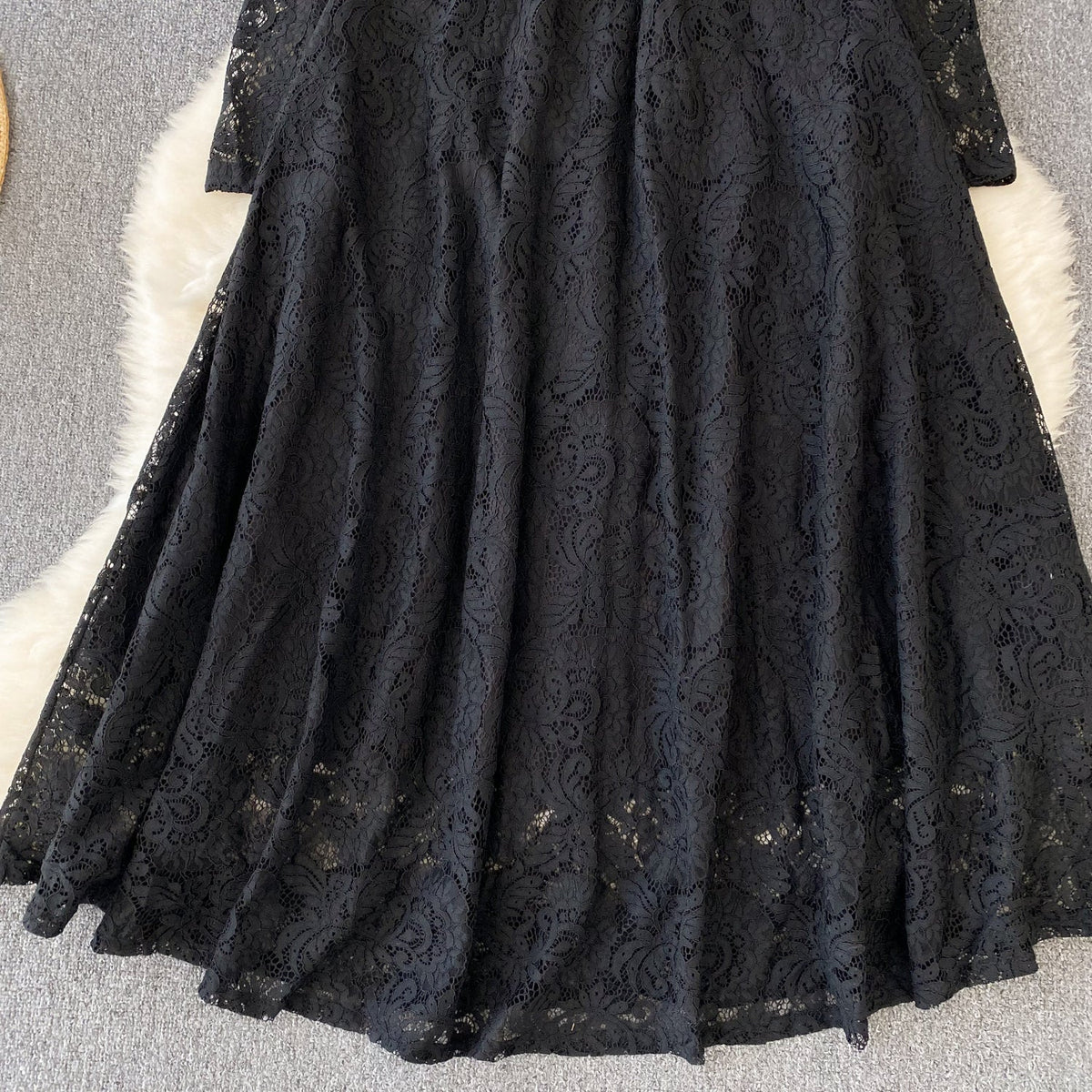 Stand Collar Black Lace Shirt Dress