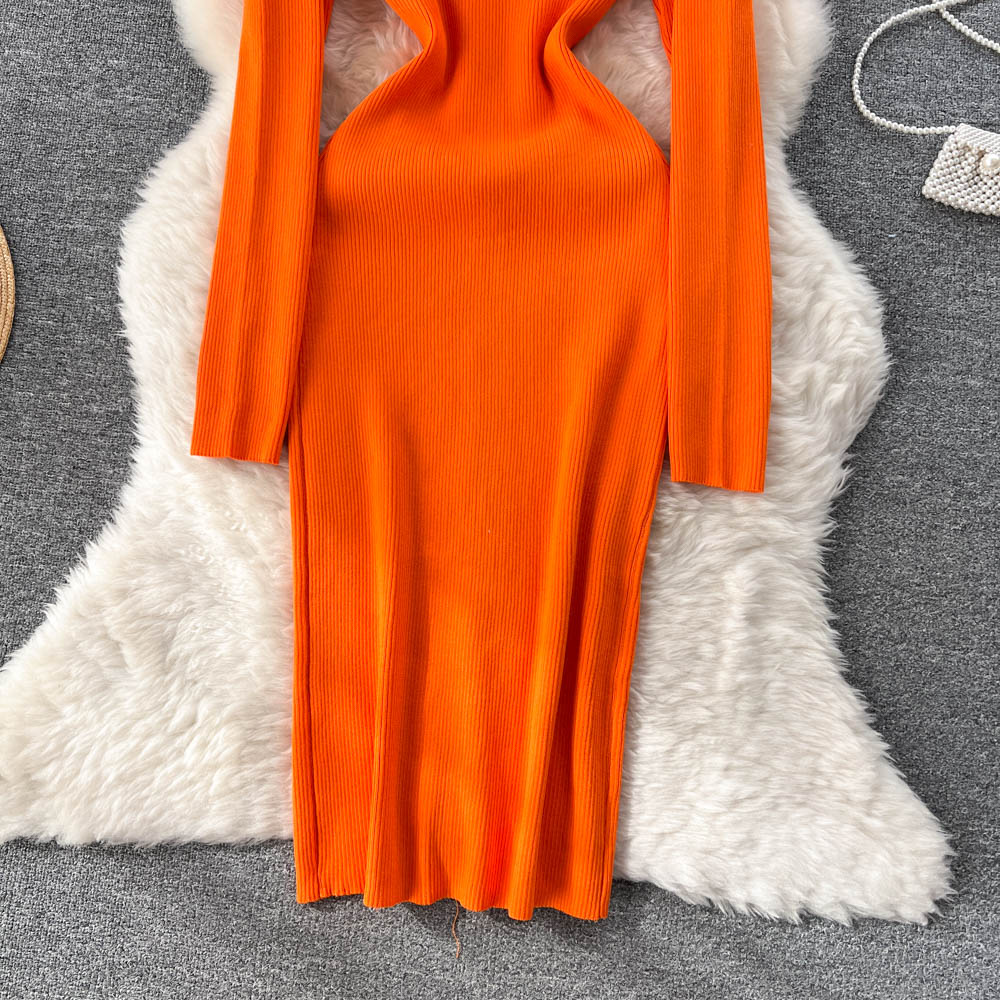 Single Breasted V-neck Knitted Dress