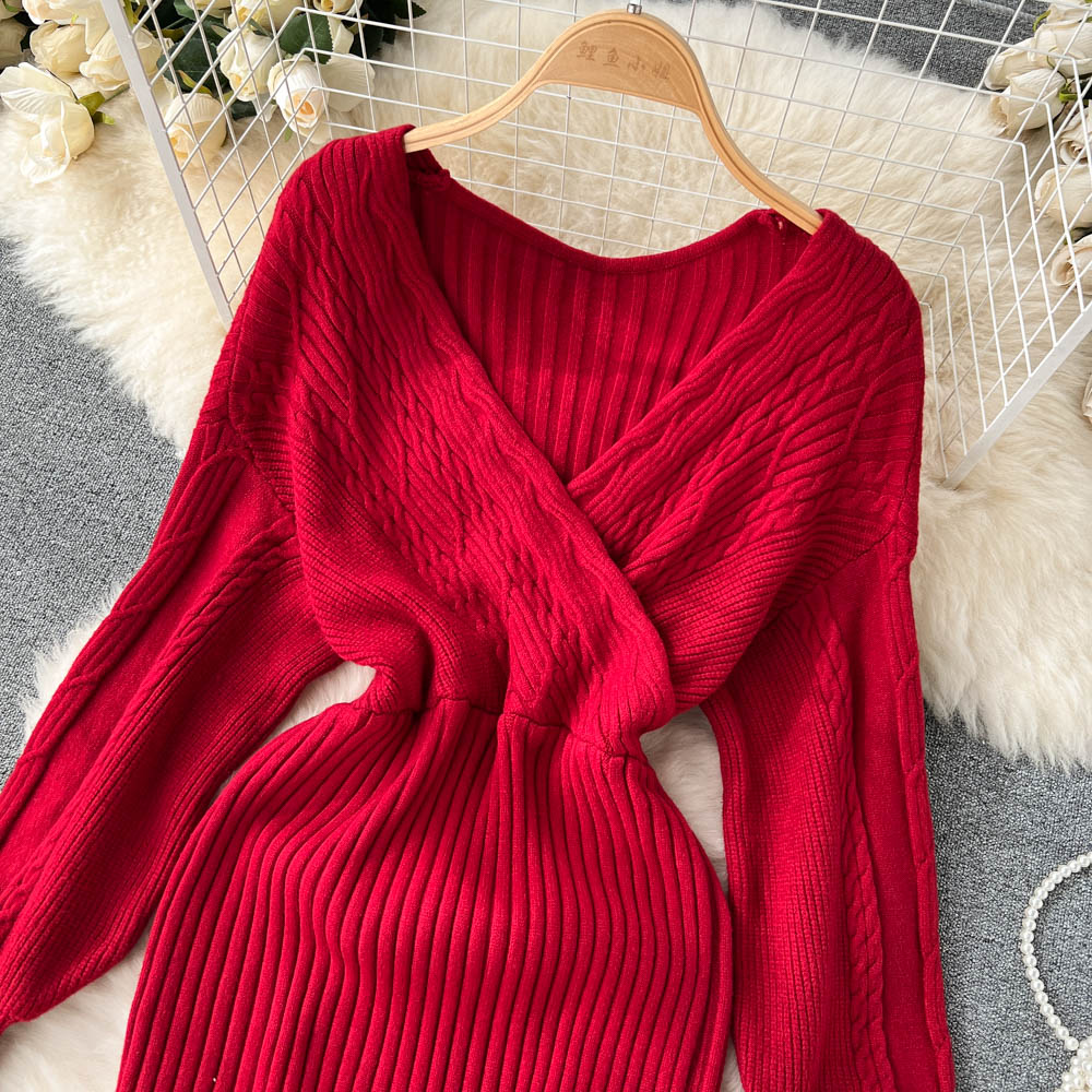 Vintage V-neck Waist-slimming Knitted Dress