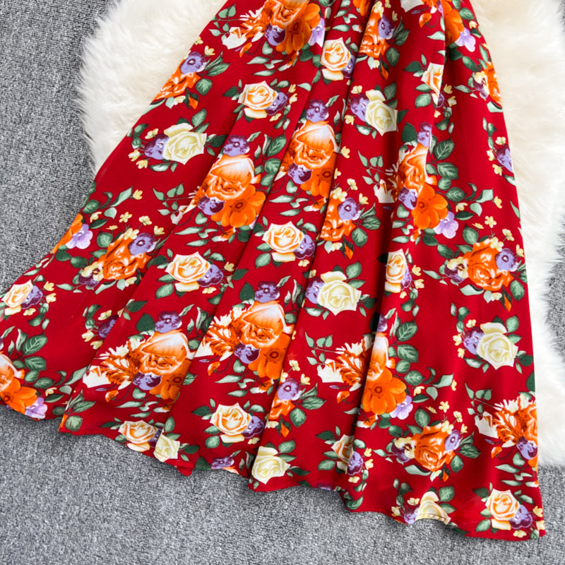 Waist-slimming V-neck Floral Chiffon Dress