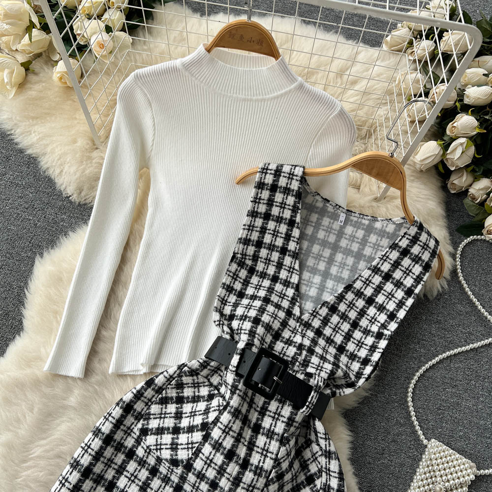 Bottom Sweater&Houndstooth Strappy Dress 2Pcs