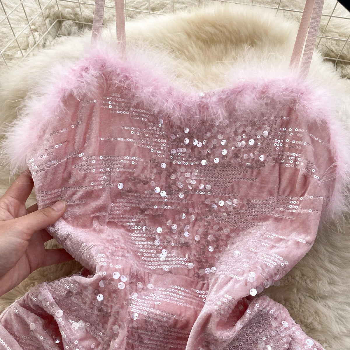 Furry Neckline Sequined Slip Dress