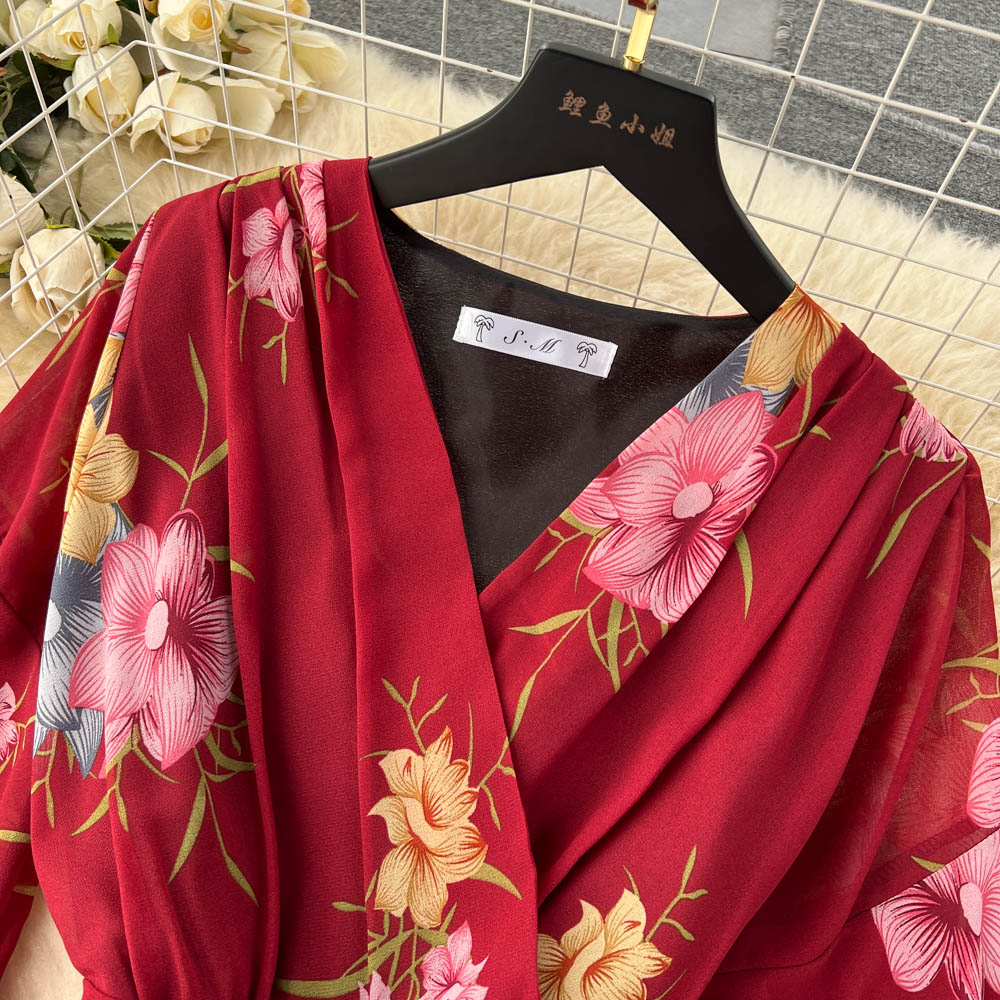 Flared Sleeve V-neck Floral Dress