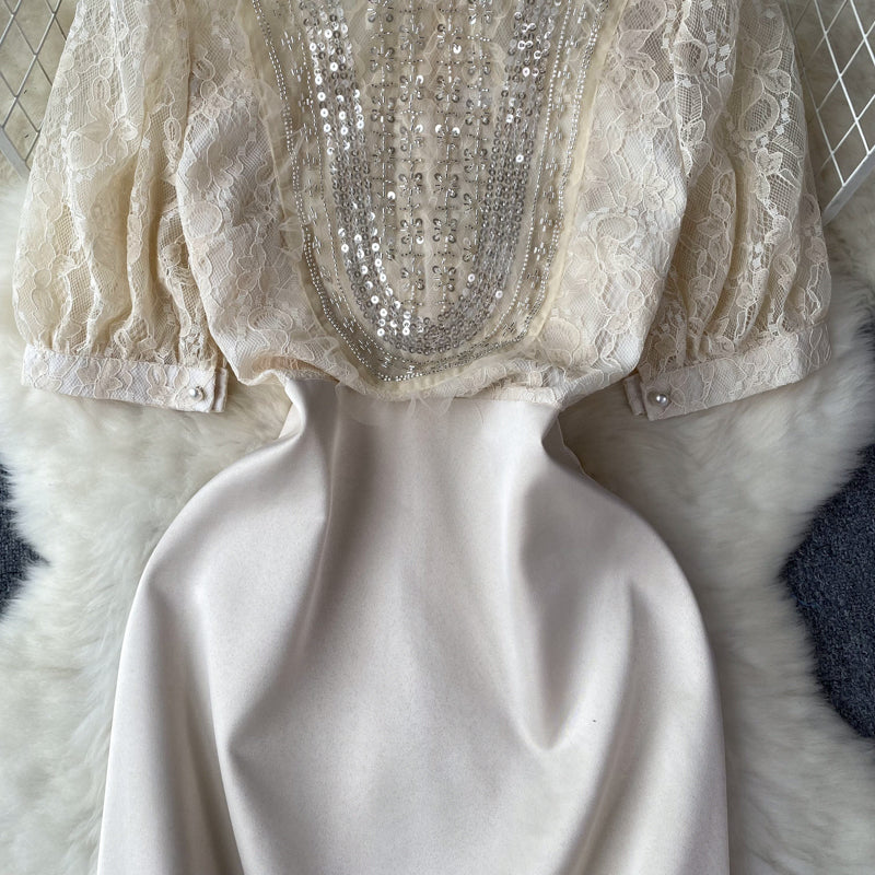 Elegant Lace Patchwork Beaded Dress