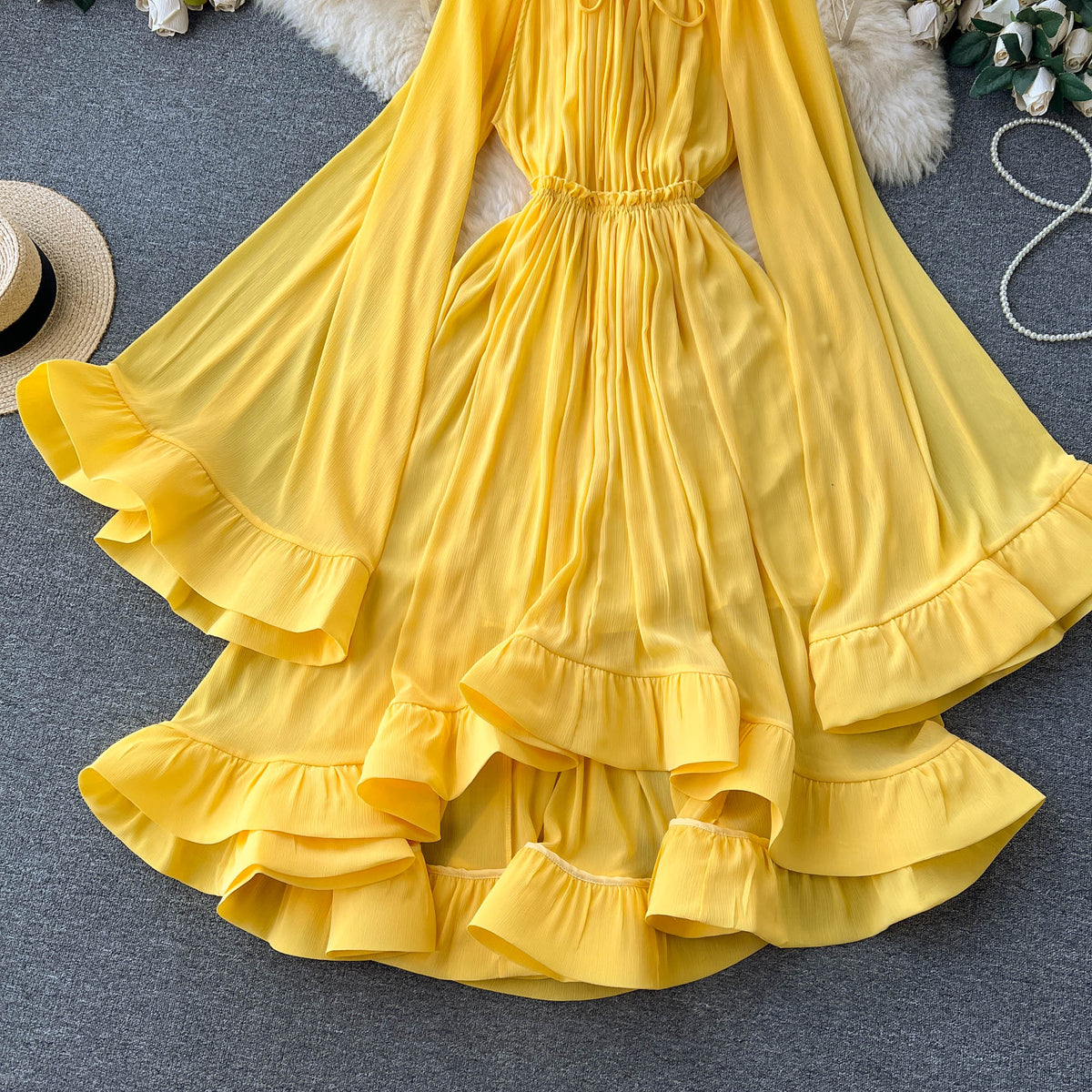 V-neck Lace-up Flared Sleeve Dress