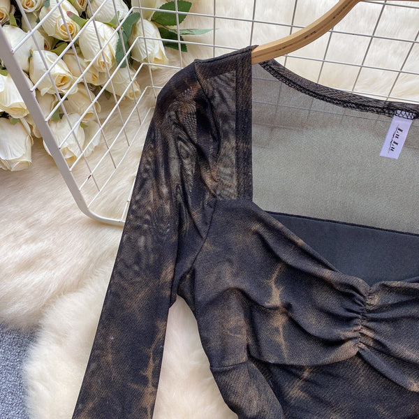 Square Neckline Printed Pleated Dress