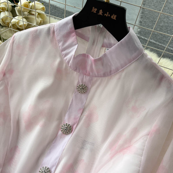 Stand Collar Lace-up Floral Shirt Dress
