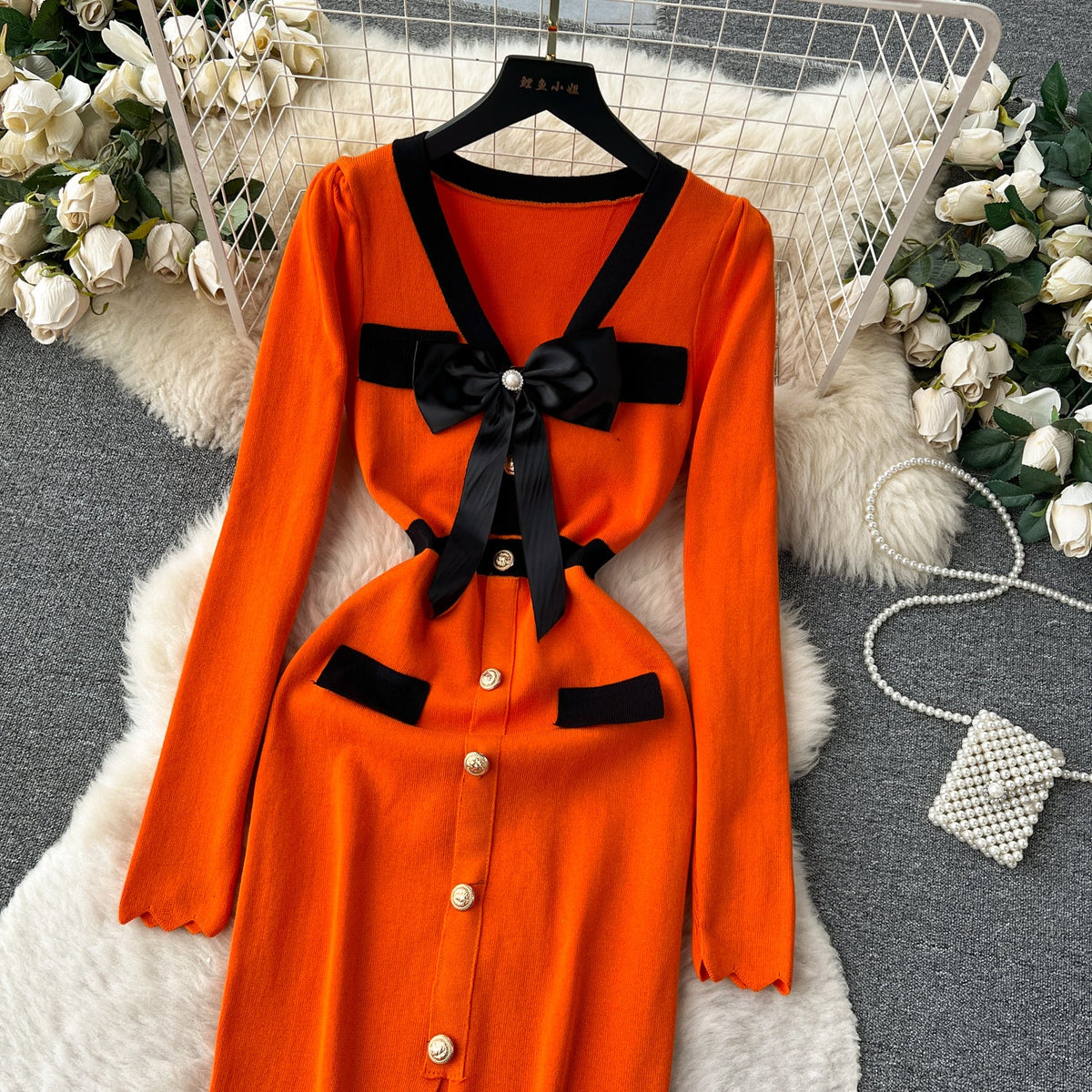 Color Blocking Bow-tie Knitted Dress