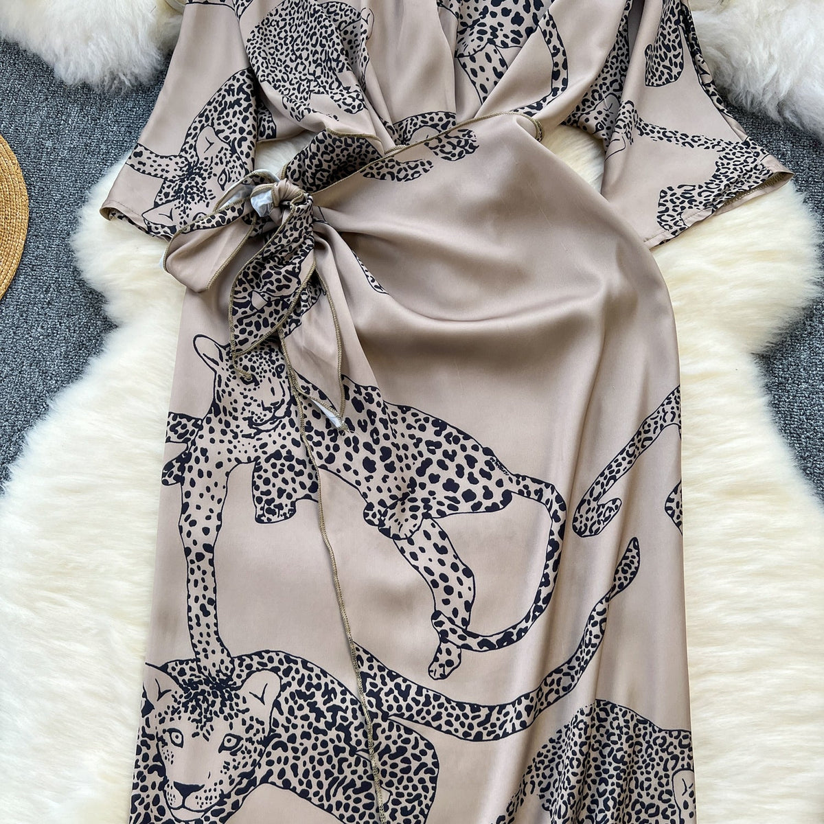 Leopard Printed Lace-up Satin Dress