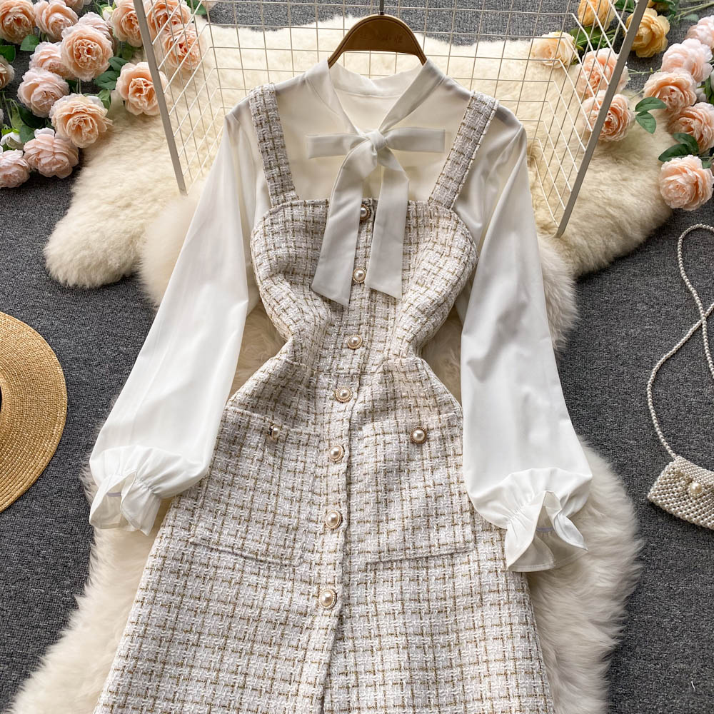 Bow-tie Tweed White Shirt&Plaid Dress