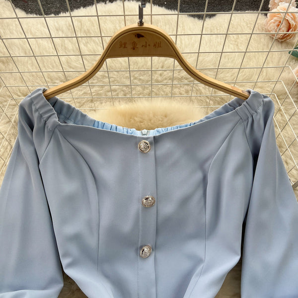 Off-shoulder Single-breasted Blue Dress