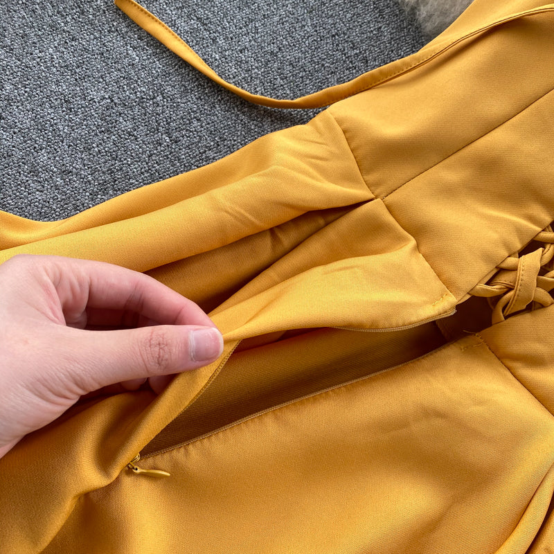 V-yaka Halter Retro Düz Renk Bel Elbisesi
