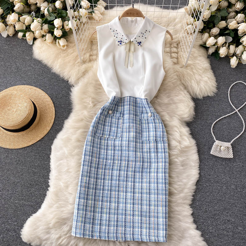 Plaid Beaded Cardigan&Tweed Dress 2PCs