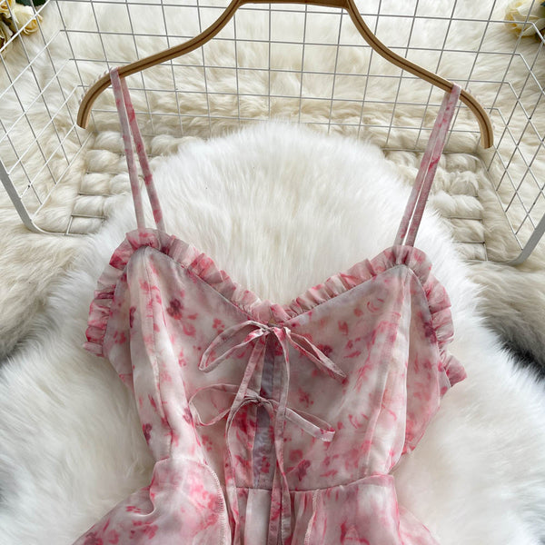 Backless Pink Floral Halter Dress
