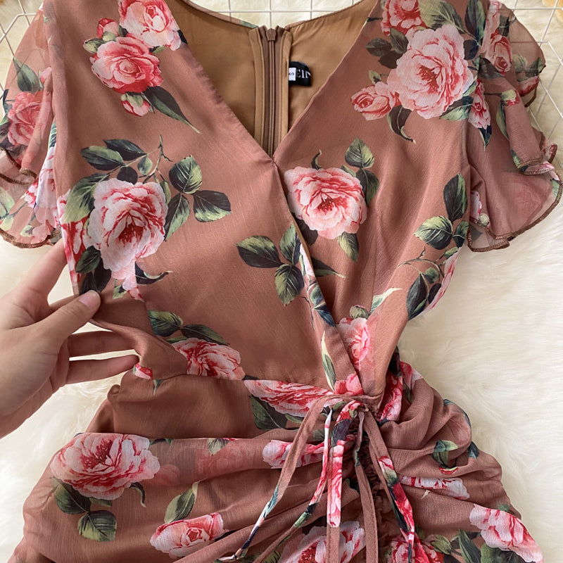 French Style Drawstring Floral V-neck Dress