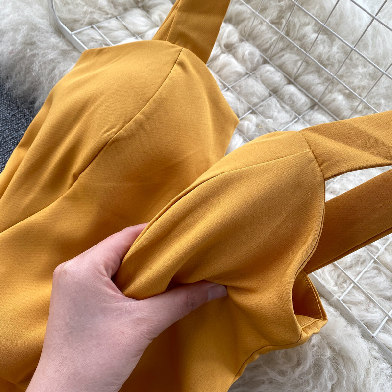 V-yaka Halter Retro Düz Renk Bel Elbisesi