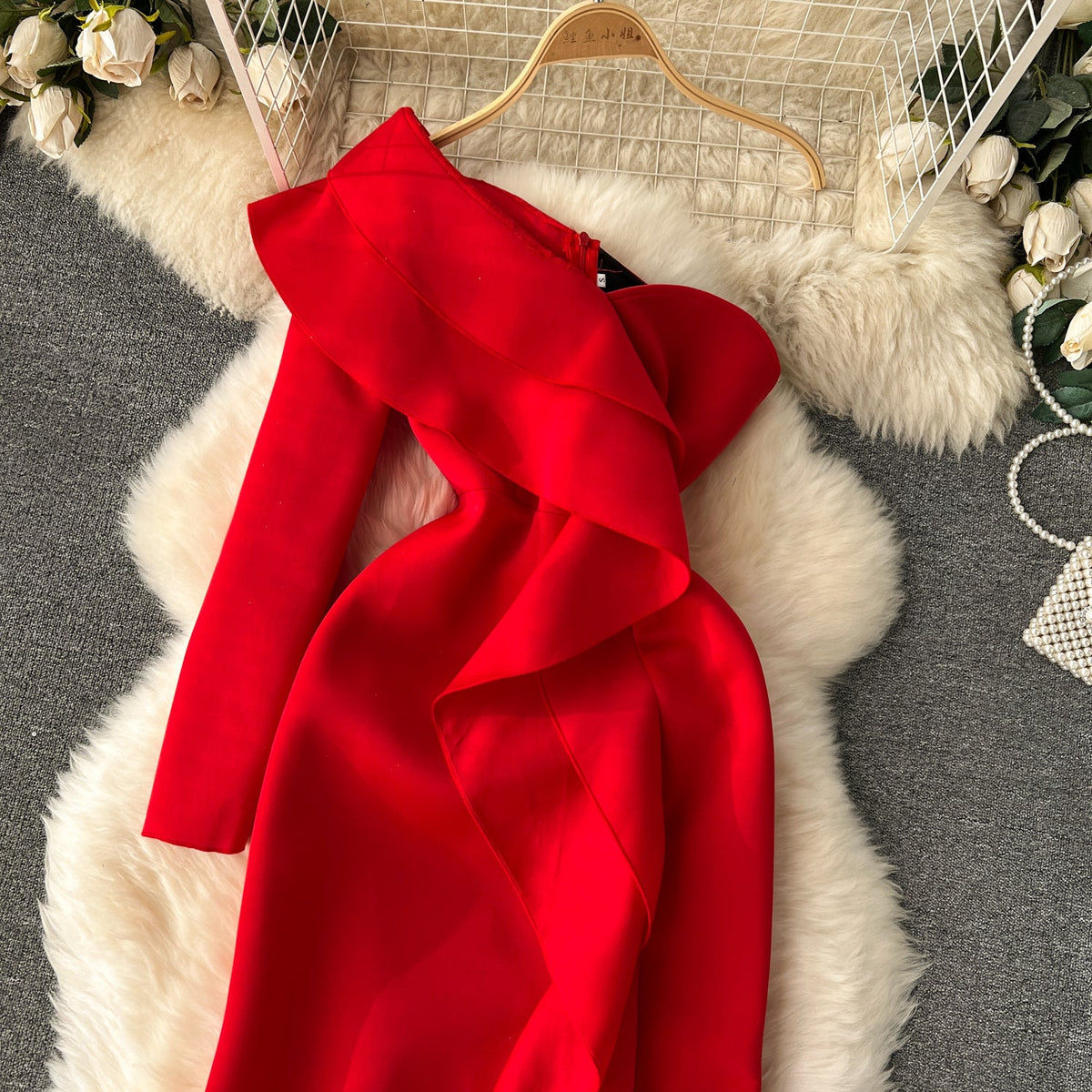 Double Ruffles Solid Color Party Dress
