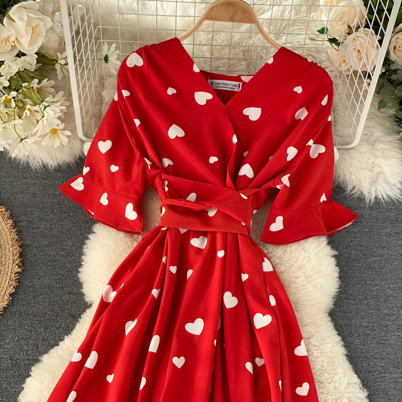 Heart Pattern Printed V-neck Maxi Dress
