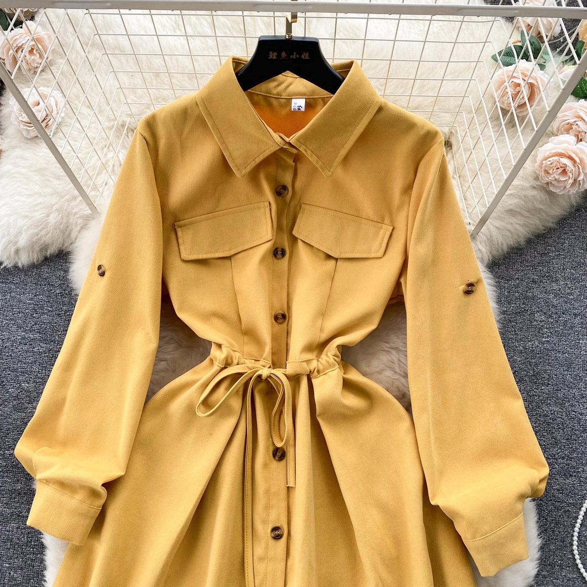 Irregular Design Lapeled Lace-up Shirt Dress