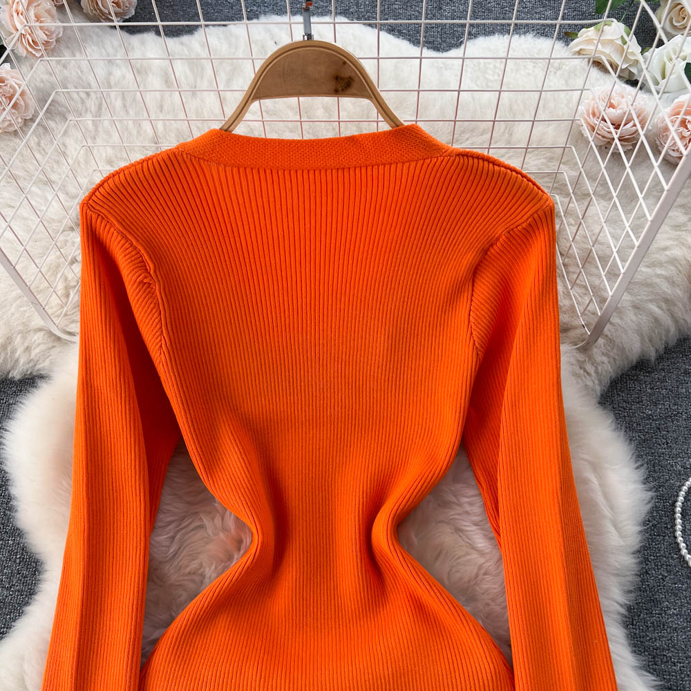 Single Breasted V-neck Knitted Dress