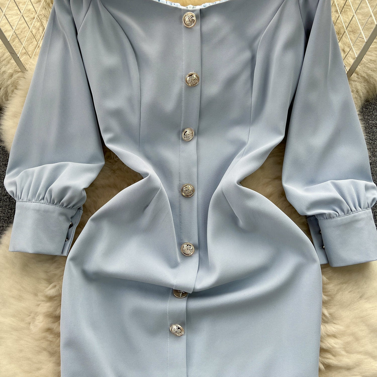 Off-shoulder Single-breasted Blue Dress