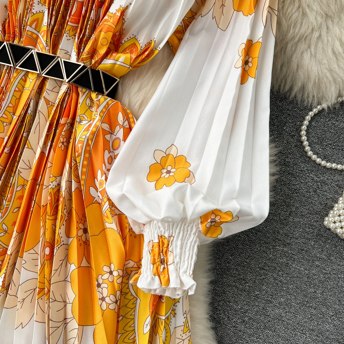 Floral Printed High-waist Pleated Dress