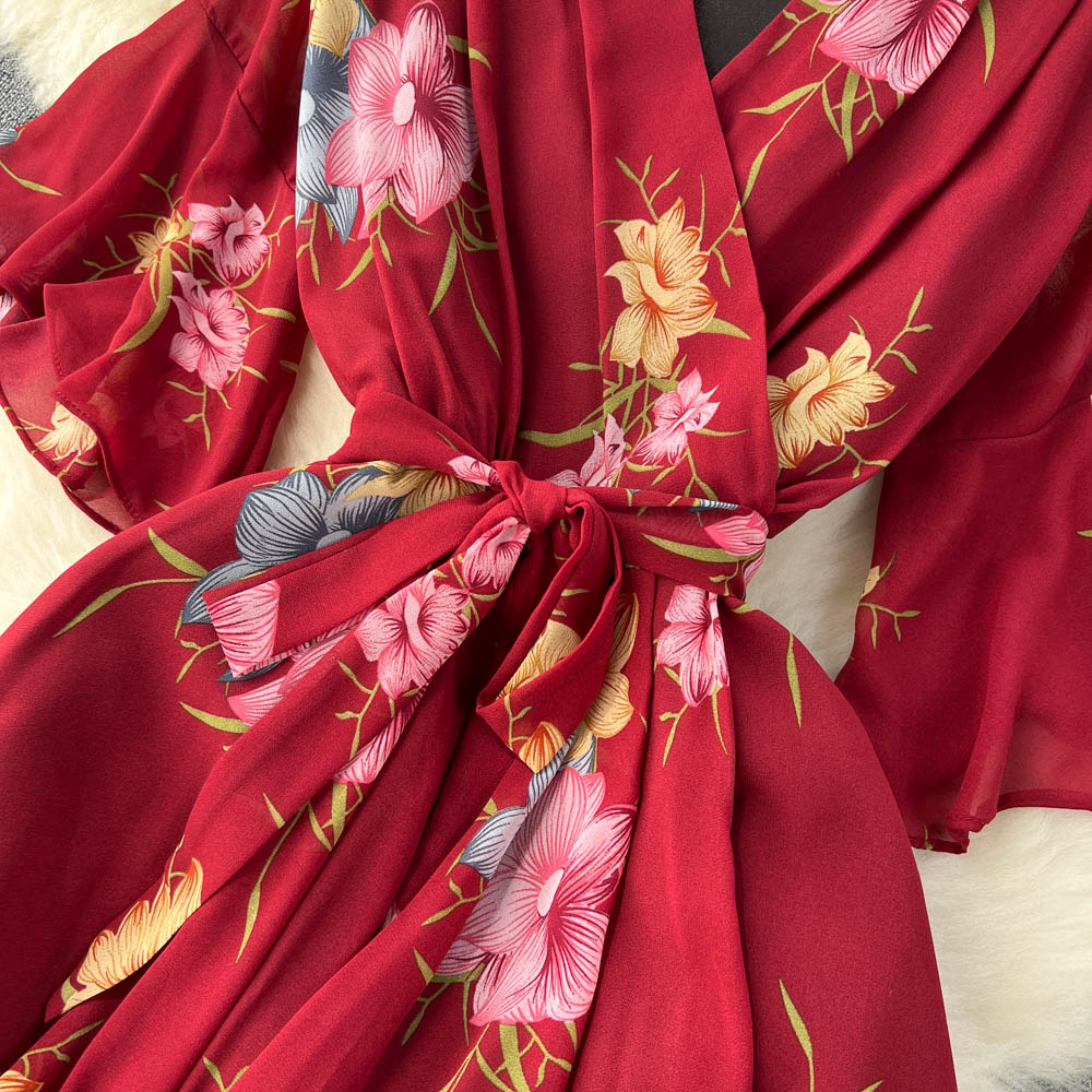 Flared Sleeve V-neck Floral Dress