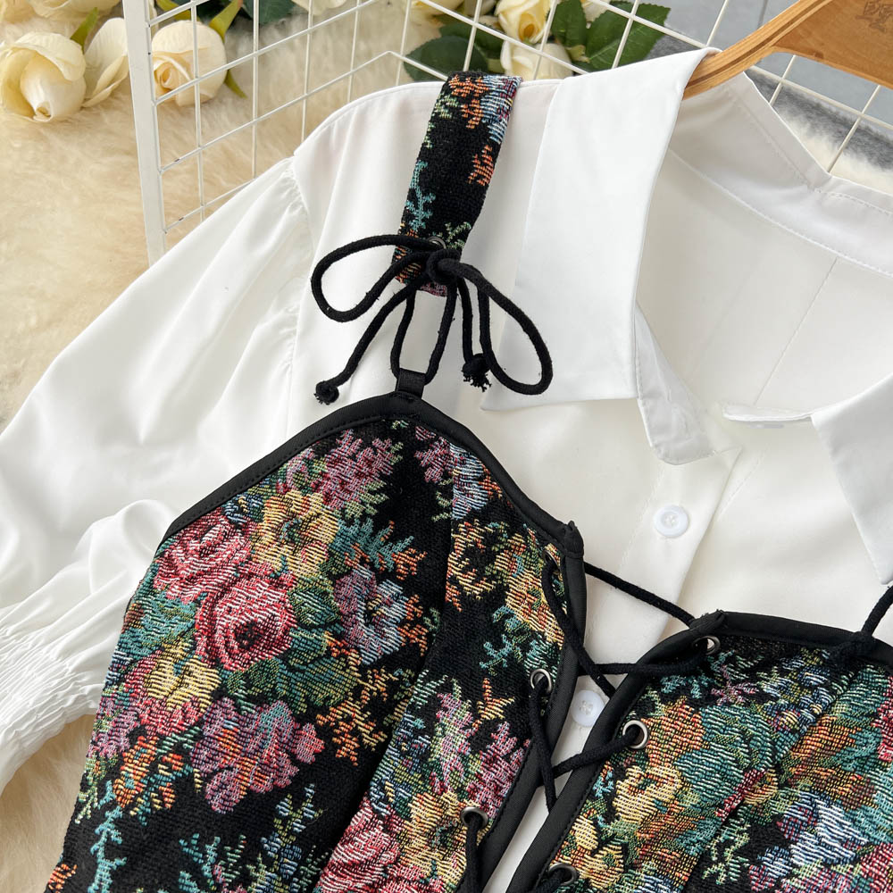 White Shirt Dress&Floral Camisole 2PCs