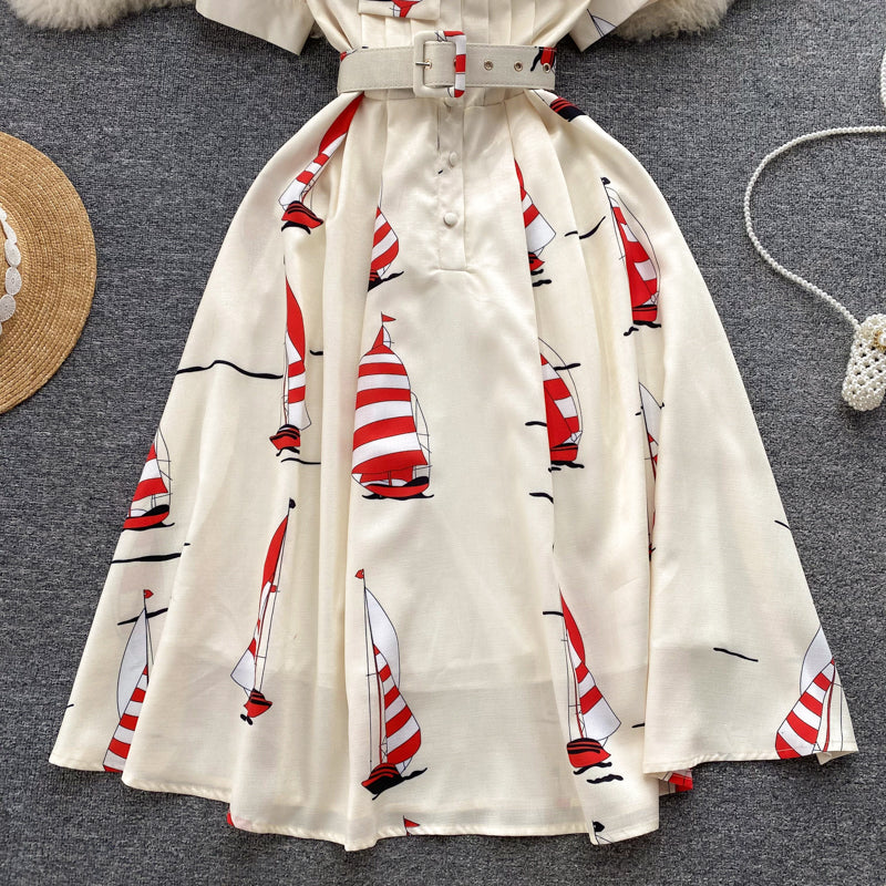 Niche Printed Shirt Dress with Belt