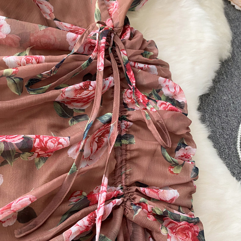 French Style Drawstring Floral V-neck Dress