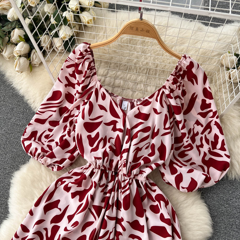 Square Neck Bubble Sleeve Floral Dress