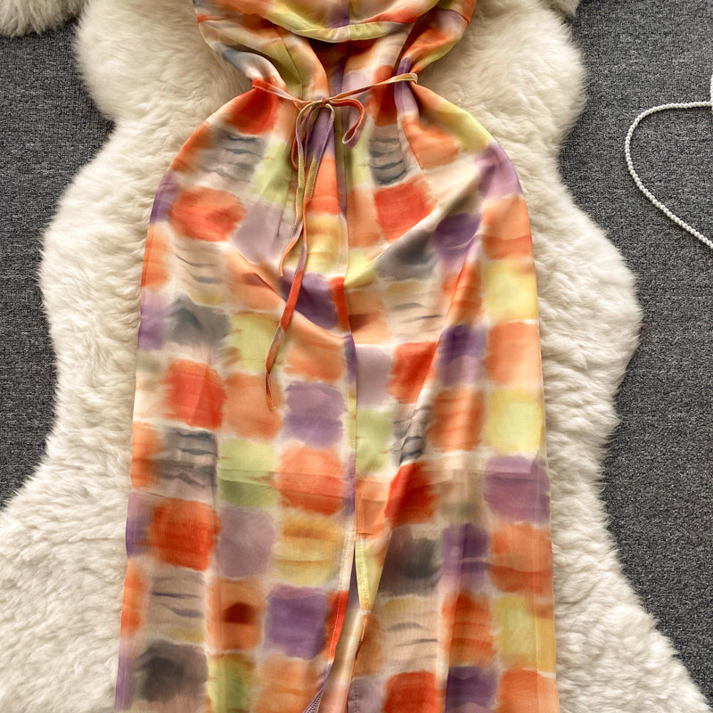 Niche Colorful Plaid Sleeveless Halter Dress
