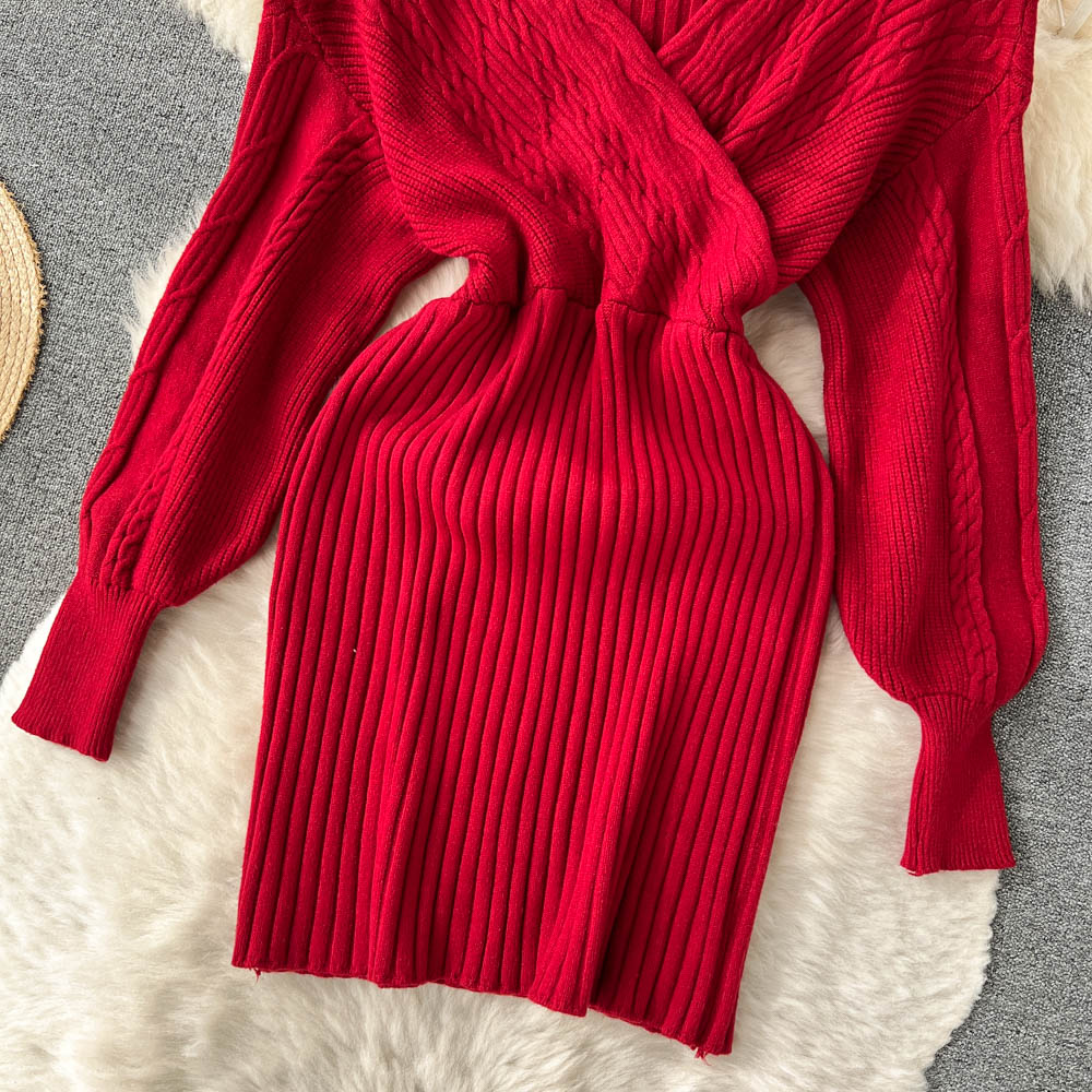 Vintage V-neck Waist-slimming Knitted Dress