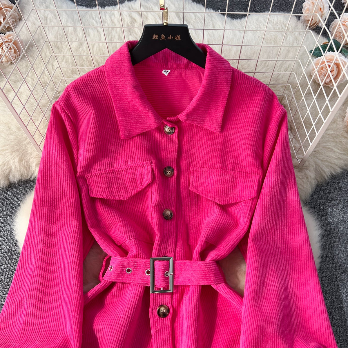 Lapel Single-breasted Corduroy Shirt Dress