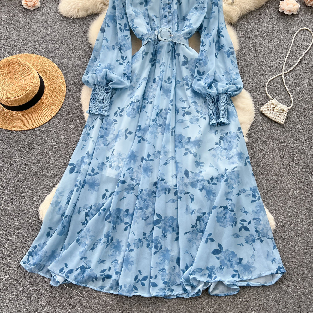 Stand Collar Floral Chiffon Dress