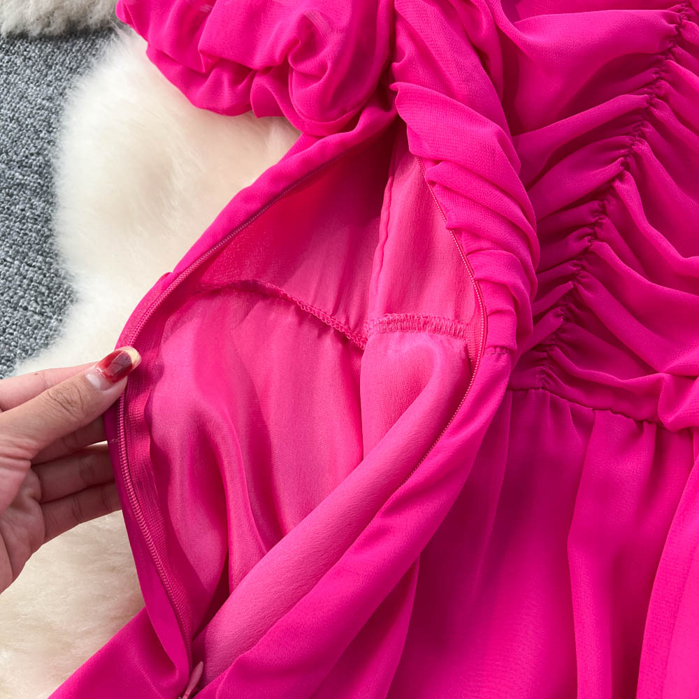 Bubble Sleeve Square Collar Chiffon Dress