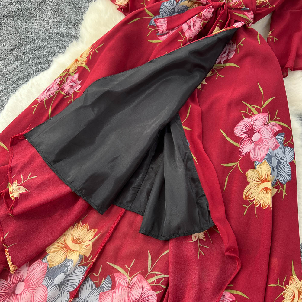 Flared Sleeve V-neck Floral Dress