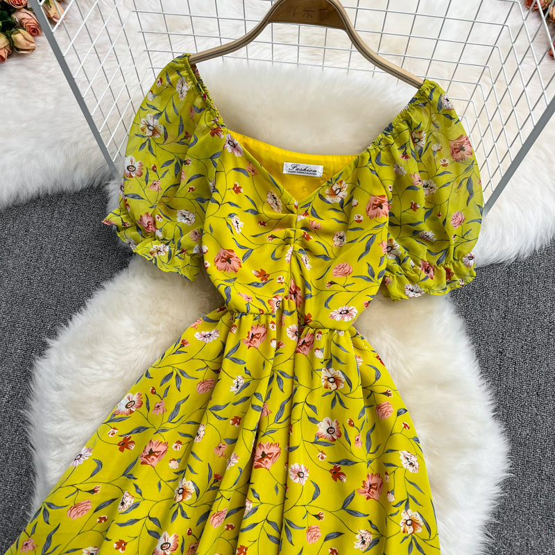 Waist-slimming V-neck Floral Chiffon Dress