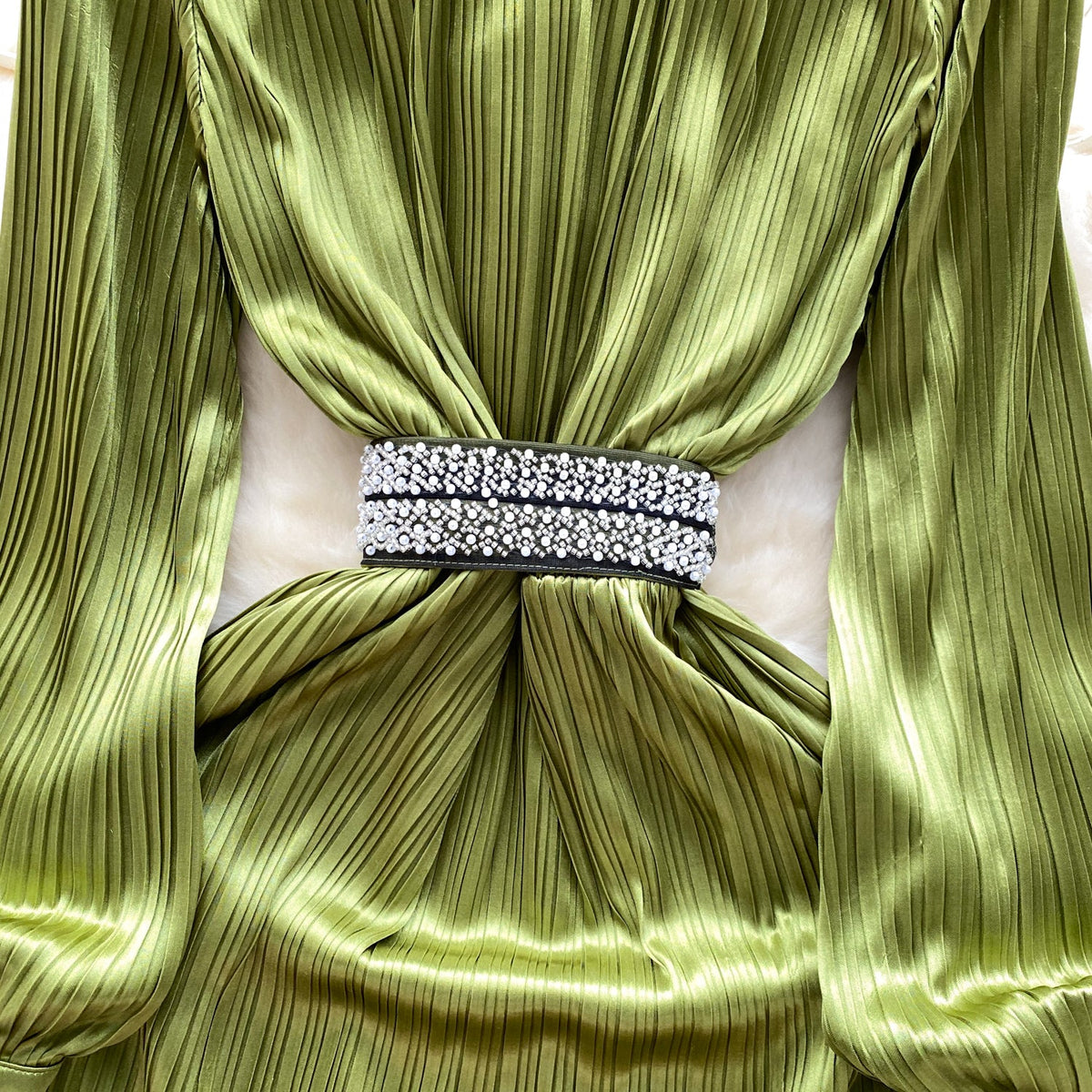 Stand Collar Beaded Stain Dress