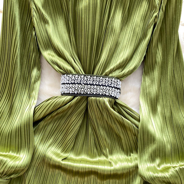 Stand Collar Beaded Stain Dress